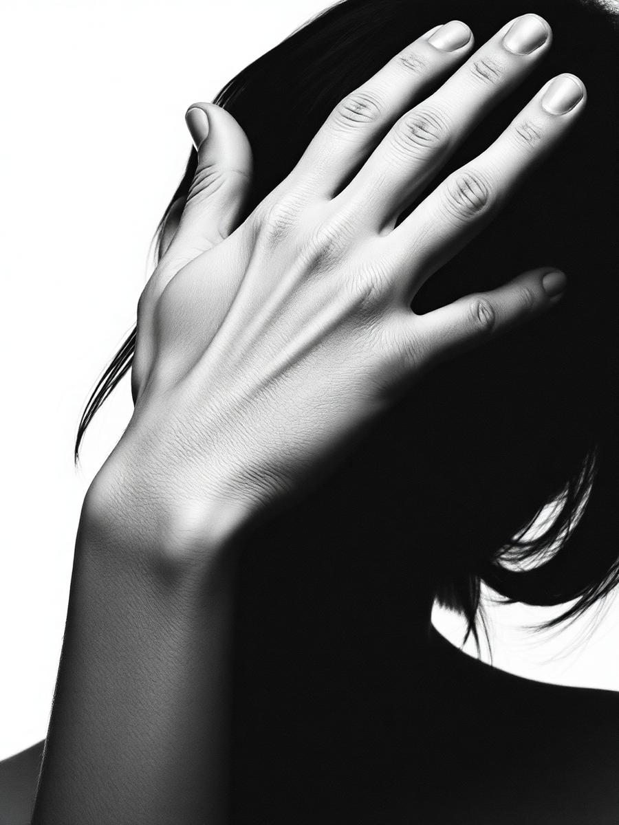 Retrato en blanco y negro con la mano cubriendo el rostro